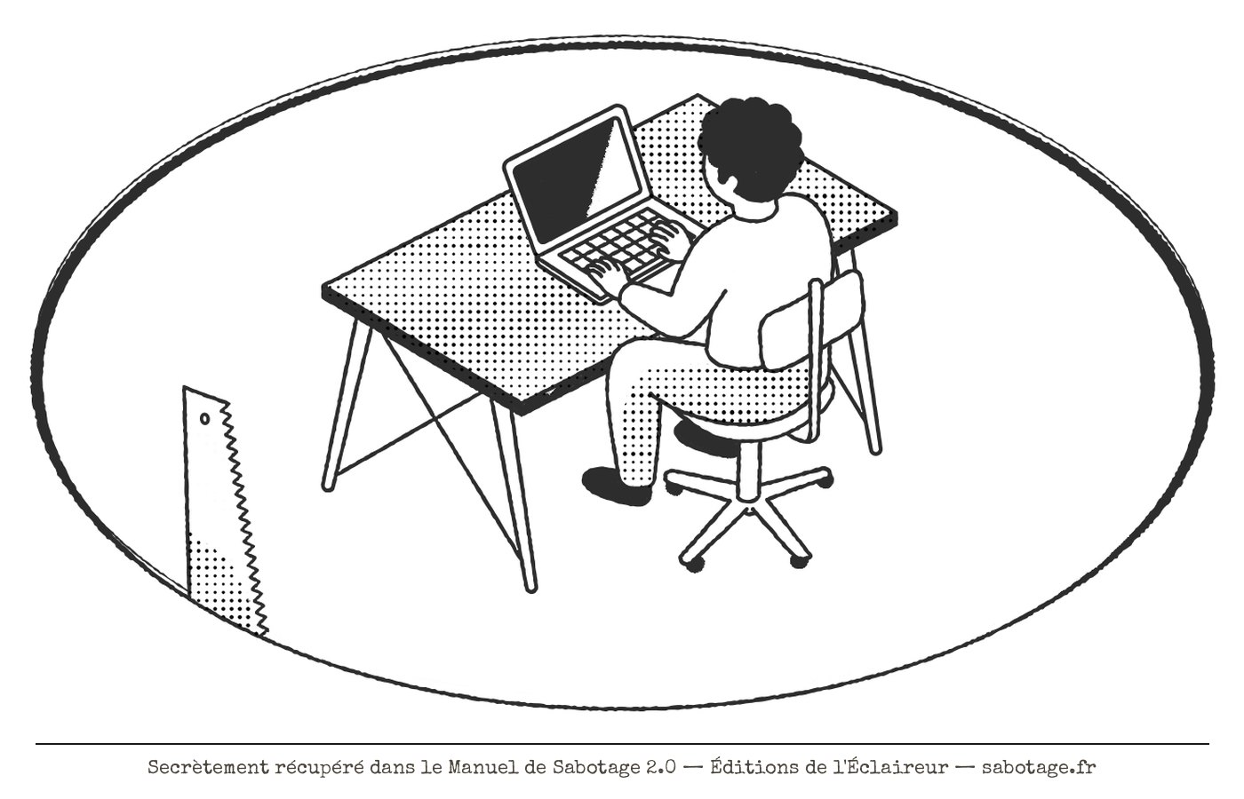 Une personne au bureau, une scie cachée sous le plan de travail